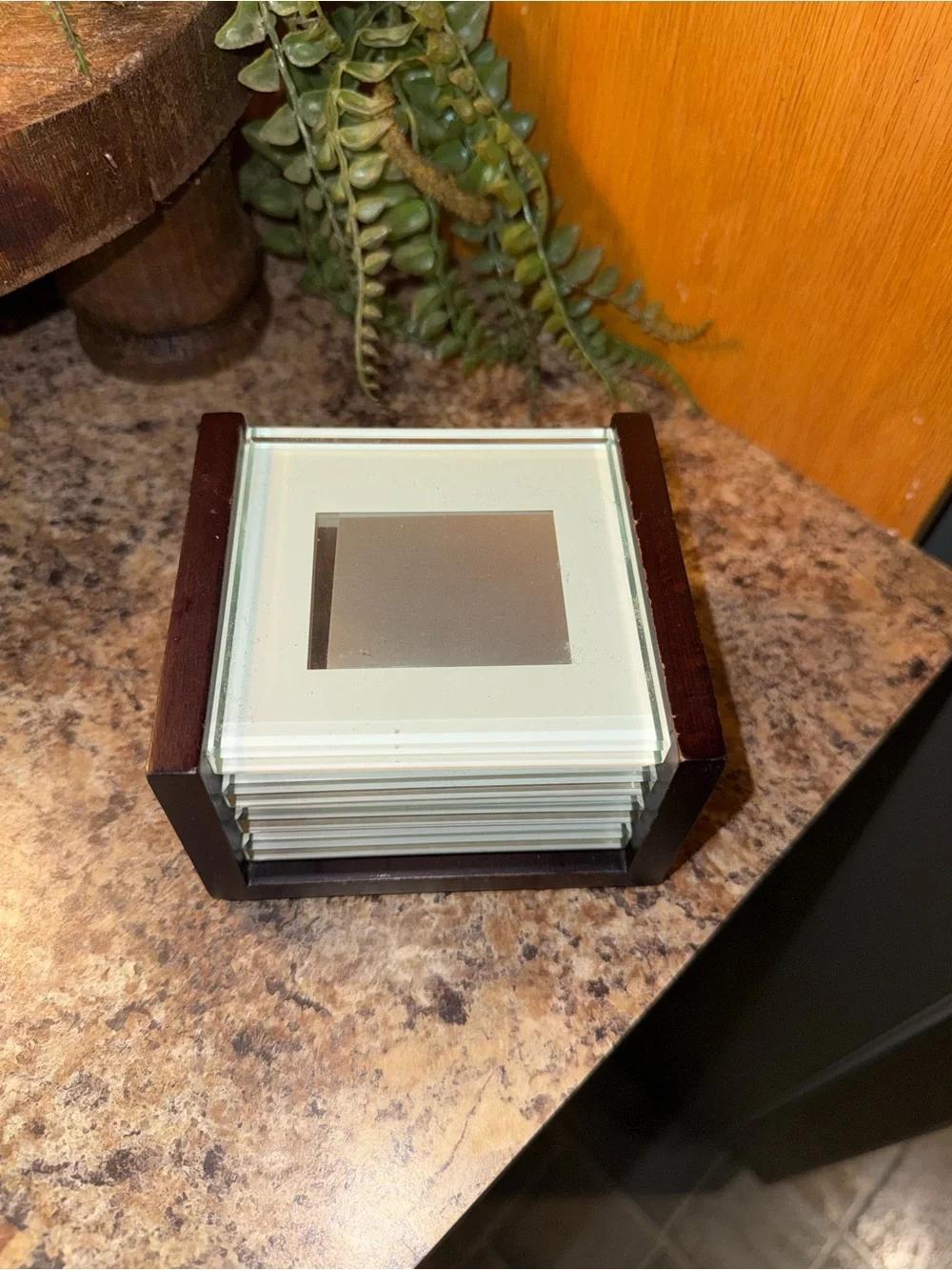 Crate & Barrel Swing Espresso Photo Coasters Square Glass SET 4 & Holder